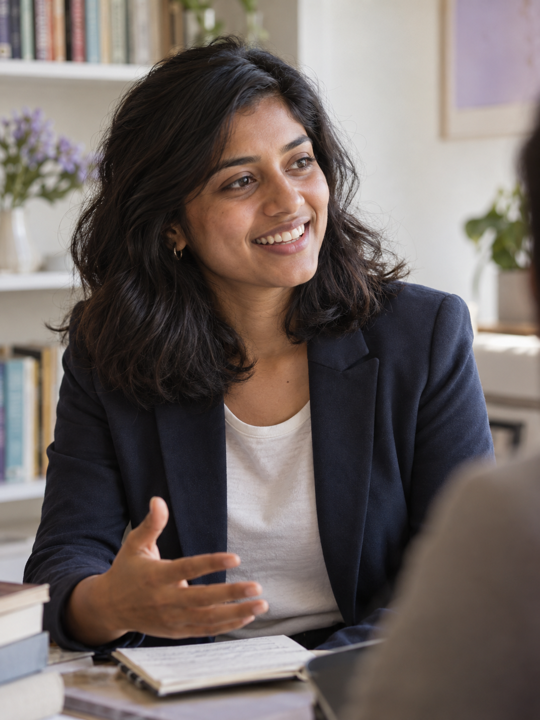 Concept photograph of a specialist smiling and gesturing during a coaching conversation
